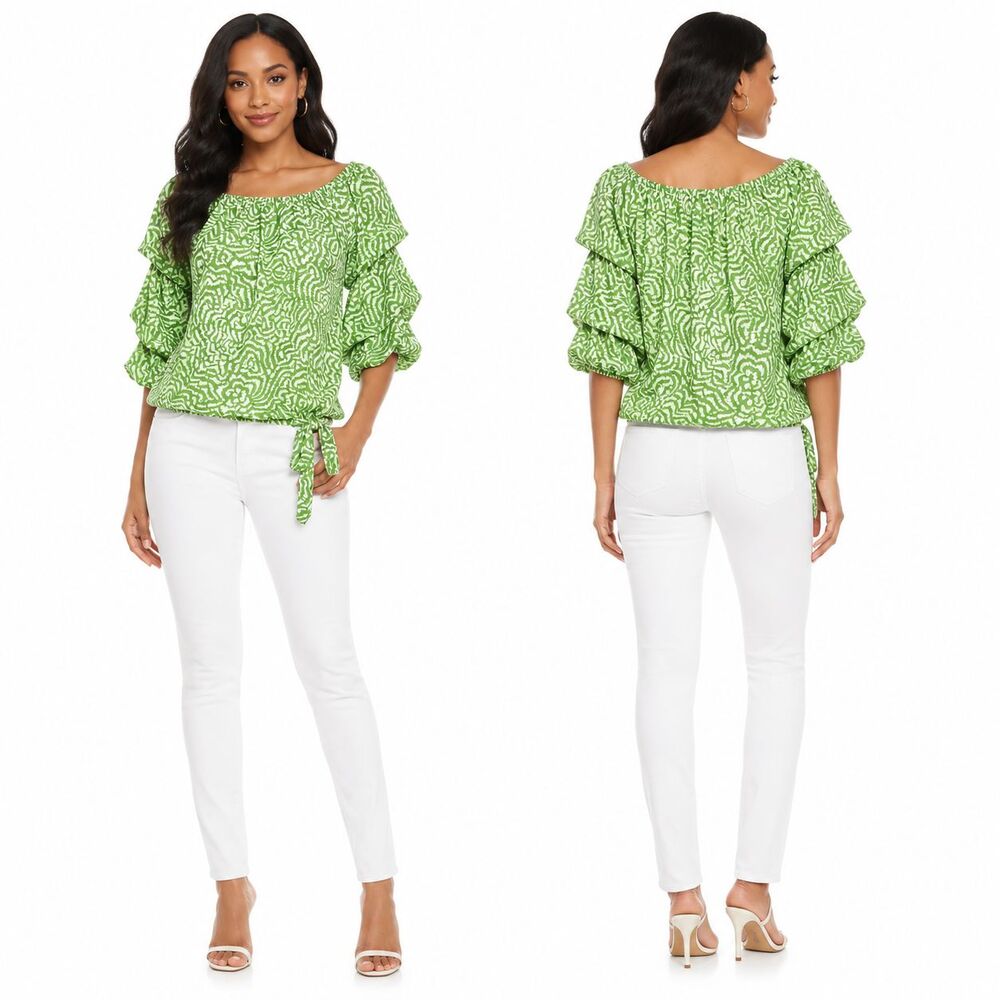 Vince Camuto Off Shoulder Bubble Sleeve Blouse Salted Lime Playful Paisley Tie S